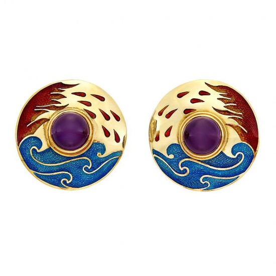 Pair of Gold, Cabochon Amethyst and Enamel Earclips, Cellini