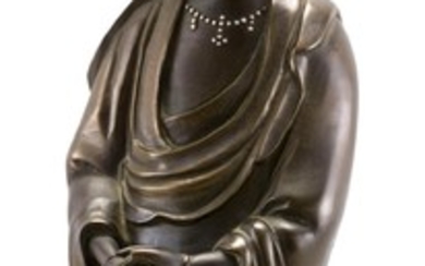 FINELY CAST SHISOU SILVER-INLAID BRONZE FIGURE OF GUANYIN Standing and draped in cloud-inlaid robes. Four-character inscription on b...