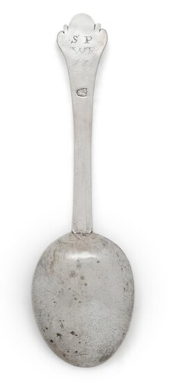A 17th century silver trefid spoon, maker's mark RI within shield punch, stars above and below, possibly West Country, c.1670, the reverse of the terminal prick dot engraved SP over WR, 73, 20cm long, approx. weight 1.8oz Provenance: The estate of...