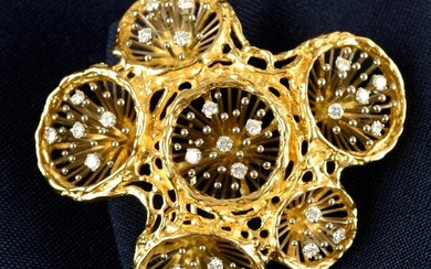 A 1970s 18ct gold brilliant-cut diamond abstract openwork brooch, by David Thomas.Estimated total