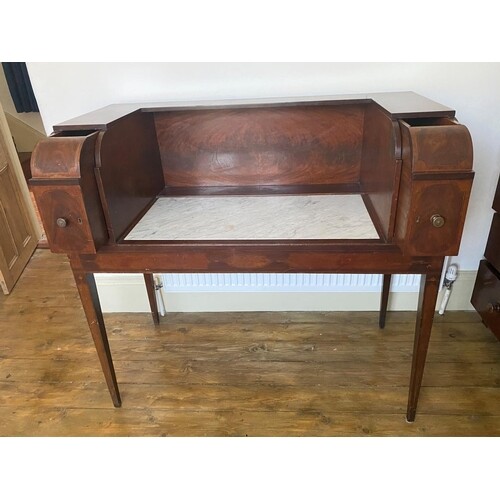 A 19TH CENTURY MAHOGANY WRITING/SIDE TABLE on tapered leg wi...