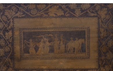 A 19th century Pyrography panel, depicting a classical proce...
