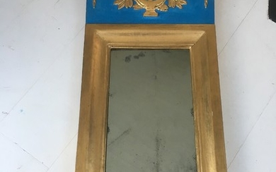 A 19th century Swedish mirror in frame of blue painted and partially gilded wood. H. 83 cm. W. 37 cm.