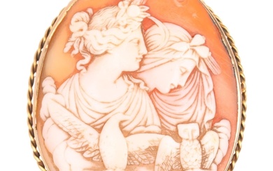 A 19th century shell 'Eos and Nyx' cameo brooch, relief carv...