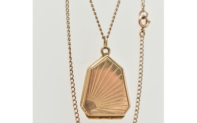 A 9CT GOLD LOCKET WITH CHAIN, unusual shape locket detailed ...