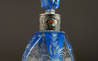 A BOHEMIAN BLUE ENGRAVED SCENT BOTTLE AND STOPPER, with