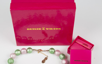 A Butler & Wilson Venetian pink and green spherical glass necklace, length 46cm, with a matching