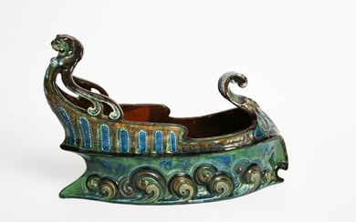 A C H Brannam Barnstaple pottery Galleon centrepiece, dated 1904, pierced and modelled design, glazed in shades of blue, ochre and green incised marks, dated 1904 and artist monogram RP, restoration, 38cm. wide