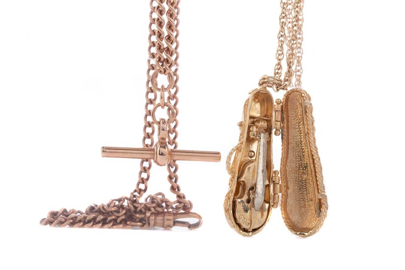 A CASED VIOLIN PENDANT AND A DOUBLE ALBERT CHAIN