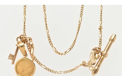 A CHAIN NECKLACE SUSPENDING CHARMS, the fancy curb link neck...