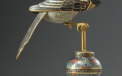 A CHINESE CLOISONNÃ‰ MAGPIE ON A PERCH, CHINA