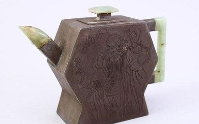 A CHINESE ZINN & JADE TEAPOT, the body of the pot