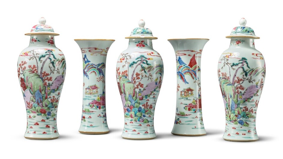 A Chinese Export Famille-Rose Five-Piece Garniture Qing dynasty, Yongzheng / Qianlong period | 清雍正 / 乾隆 粉彩山水圖瓶一套五件