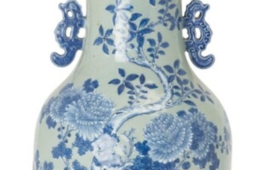 A Chinese blue and white baluster vase, 19th century, painted with flowering chrysanthemum on a celadon ground, 42cm high 十九世紀 青花繪菊紋雙耳瓶