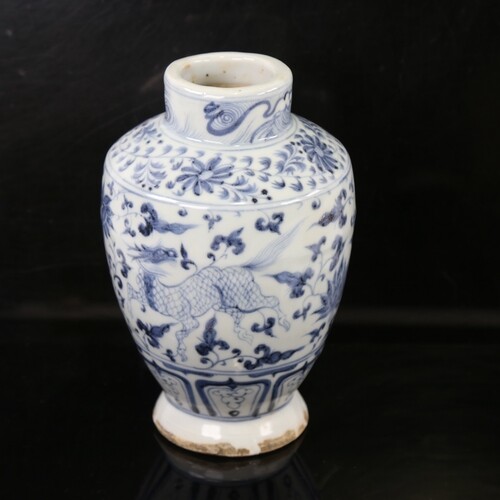 A Chinese blue and white porcelain Yuan style vase, hand pai...