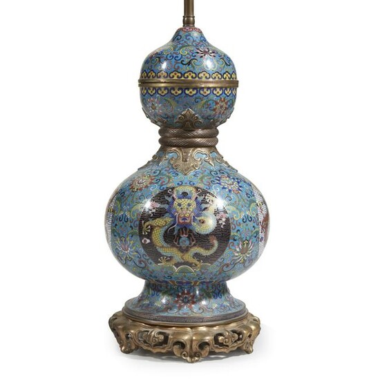 A Chinese cloisonné gourd-form vase, mounted as lamp