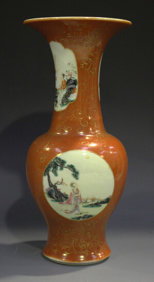 A Chinese famille rose and iron red glazed porcelain vase, mark of Qianlong but probably late Qing d