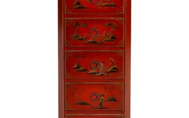 A Chinoiserie Decorated Lacquered Tall Chest