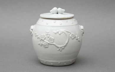 A FINE CHINESE BLANC DE CHINE 'DEHUA' BARREL-SHAPED JAR AND COVER 清十八世紀 德化白釉梅紋雙獅耳蓋罐