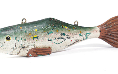 A FOLK ART CARVED AND PAINTED WOOD MODEL FISH