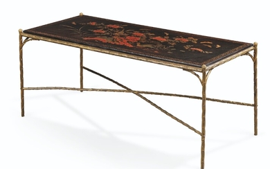 A FRENCH LACQUERED-BRASS AND CHINESE POLYCHROME LACQUER LOW TABLE