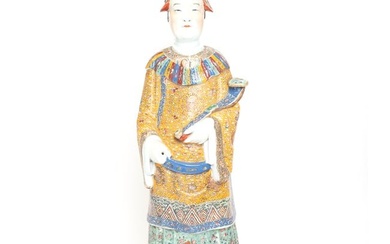 A Famille Rose Porcelain Female Deity Statue with Base