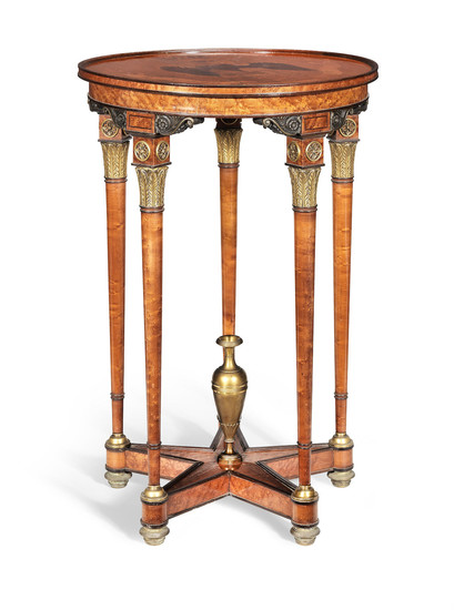 A French 19th century bird's eye maple, fruitwood marquetry and gilt and patinated bronze mounted gueridon