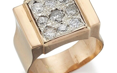 A French diamond signet ring, the square shaped bezel pave set with nine rose-cut diamonds, to a tapering hoop, c.1940, French assay marks, approximate ring size U1/2