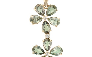 A GREEN SAPPHIRE AND DIAMOND FLORAL PENDANT comprising a round brilliant cut diamond in a cluster of