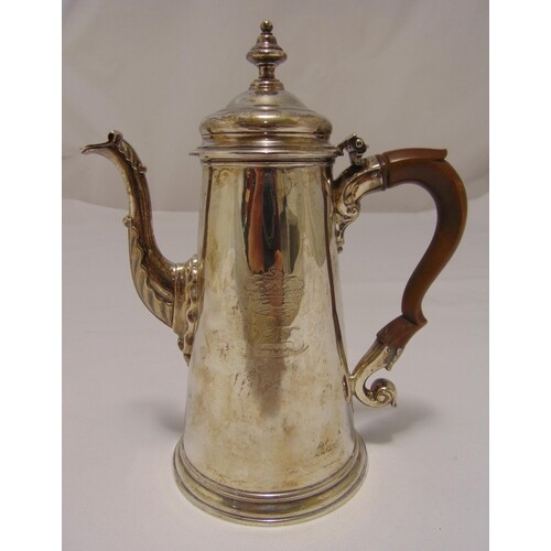 A George II hallmarked silver coffee pot, tapering cylindric...