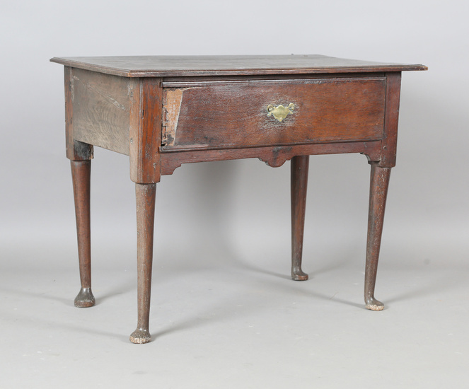 A George II oak side table, fitted with a single drawer, width 91cm (faults), together with a George
