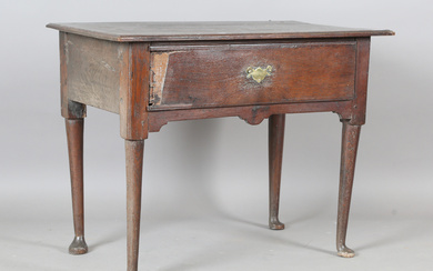 A George II oak side table, fitted with a single drawer, width 91cm (faults), together with a George