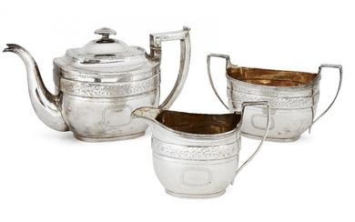 A George III Scottish silver three-piece tea set, Edinburgh, c.1808, probably William Auld, of rectangular form with bright-cut engraved floral bands to body above vacant cartouches, the teapot with angular silver handle and silver finial to lid...