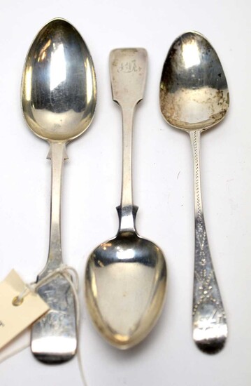 A George III silver marriage spoon and two Victorian silver tablespoons