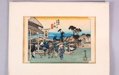 A JAPANESE WOODBLOCK PRINT - FIGURES AND HORSE - the