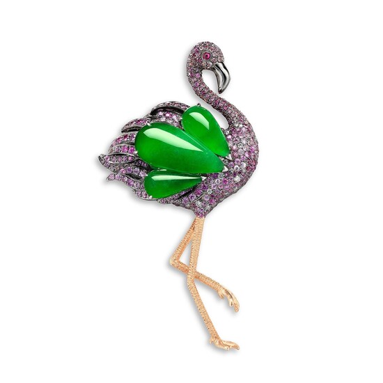 A Jadeite, Gem-set and Diamond 'Flamingo' Brooch/Pendant