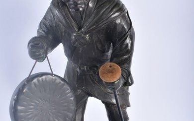 A LARGE 19TH CENTURY JAPANESE MEIJI PERIOD BRONZE OKIMONO DINNER GONG modelled as a male with a monk