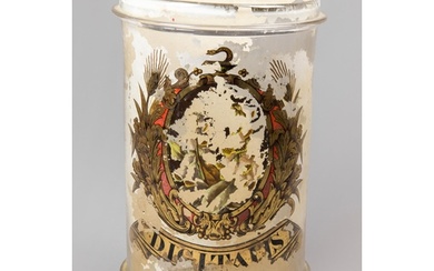 A LARGE 19TH CENTURY PHARMACY REVERSED PAINTED JAR. (h 50cm)