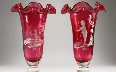 A LARGE PAIR OF CRANBERRY MARY GREGORY VASES. 14ins