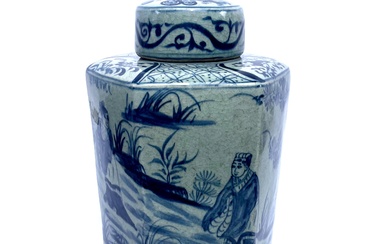 A Large Chinese Hexagonal Blue & White Ginger Jar Depicting Figural Motifs, Ming Dynasty