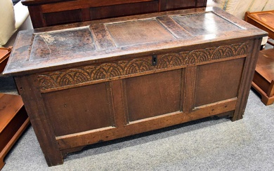 A Late 17th/Early 18th Century Oak Panelled Coffer, hinged lid,...
