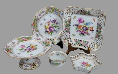 A Lot of Five Antique Dresden Hand Painted Flower Porcelain Plate & Tray & Bowl