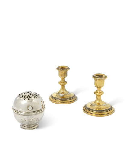 A MALTESE SILVER SOAPBOX AND A PAIR OF FRENCH SILVER-GILT CANDLESTICKS, THE SOAPBOX WITH MARK FOR MALTA, CIRCA 1770; THE CANDLESTICKS WITH MARK OF JULES MARIE, PARIS, CIRCA 1889-1912
