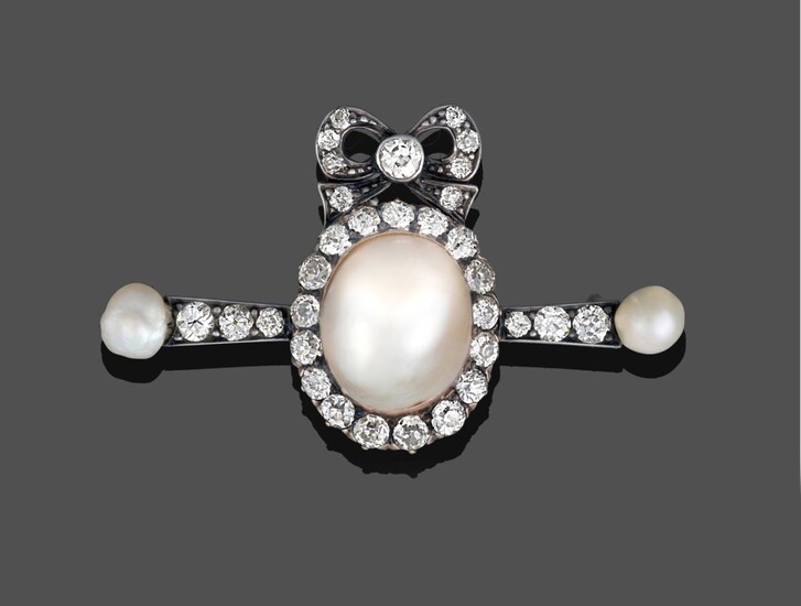 A Mabe Pearl and Diamond Brooch, a bow motif set throughout with old cut diamonds surmounts a...