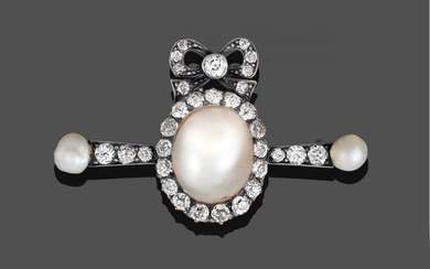 A Mabe Pearl and Diamond Brooch, a bow motif set...