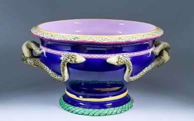 A Minton Majolica Blue-Ground Snake-Handled Jardiniere, 1862, designed by...
