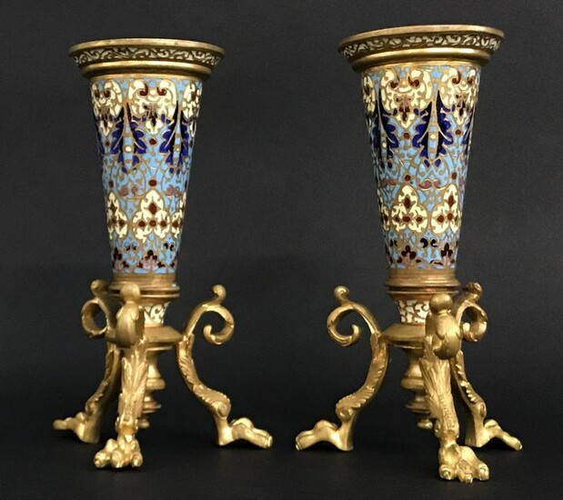 A PAIR OF 19TH C. FRENCH CHAMPLEVE ENAMEL VASES