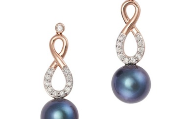 A PAIR OF BLACK PEARL AND DIAMOND DROP EARRINGS in 9ct rose gold, each comprising a figure of eight
