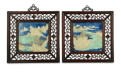 A PAIR OF CHINESE GLAZED BISCUIT 'LANDSCAPE' PANELS.