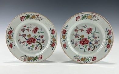 A PAIR OF CHINESE QING DYNASTY EXPORT FAMILLE ROSE PORCELAIN PLATES, 18TH CENTURY
